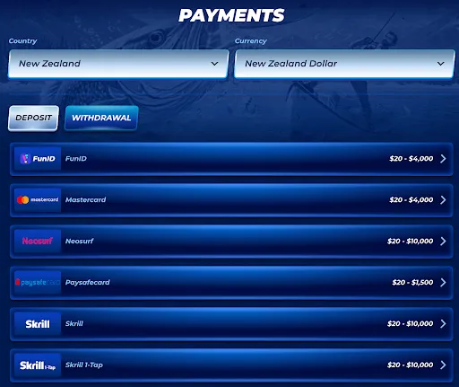 Payment methods in New Zealand: FunID, Mastercard, Neosurf, Paysafecard, Skrill, Skrill 1-Tap