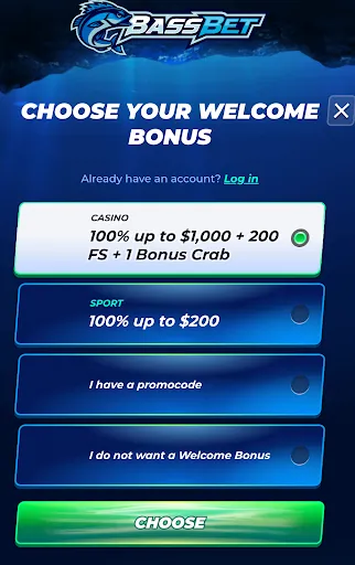BassBet welcome bonus selection screen with casino and sport offers